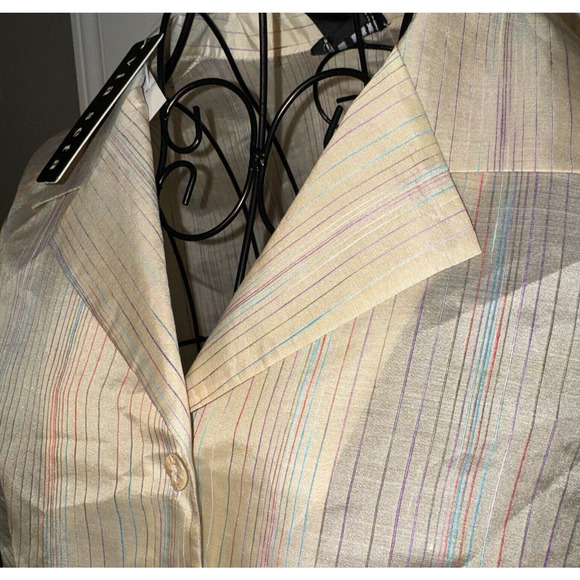 Via Seta Womens Silk Linen Shirt Dress SZ 14 Beige Multi Stripe Long Sleeve NWT - Picture 2 of 11